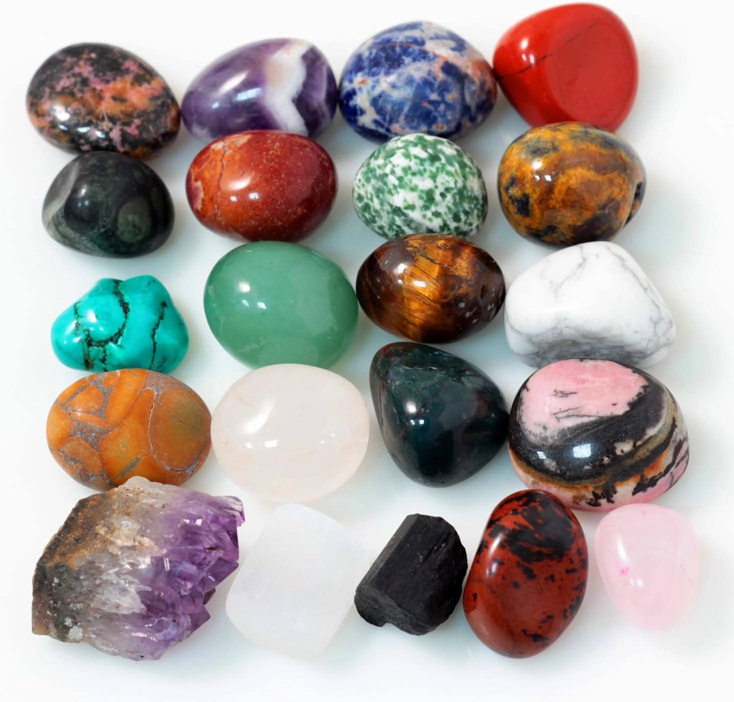 0.7Lb Natural Polished Gemstones and Rocks (25 PCs), Amethyst Cluster, Selenite & Tourmaline Included, Bulk Tumbled Crystals and Stone (0.6-1.2“ 320g)