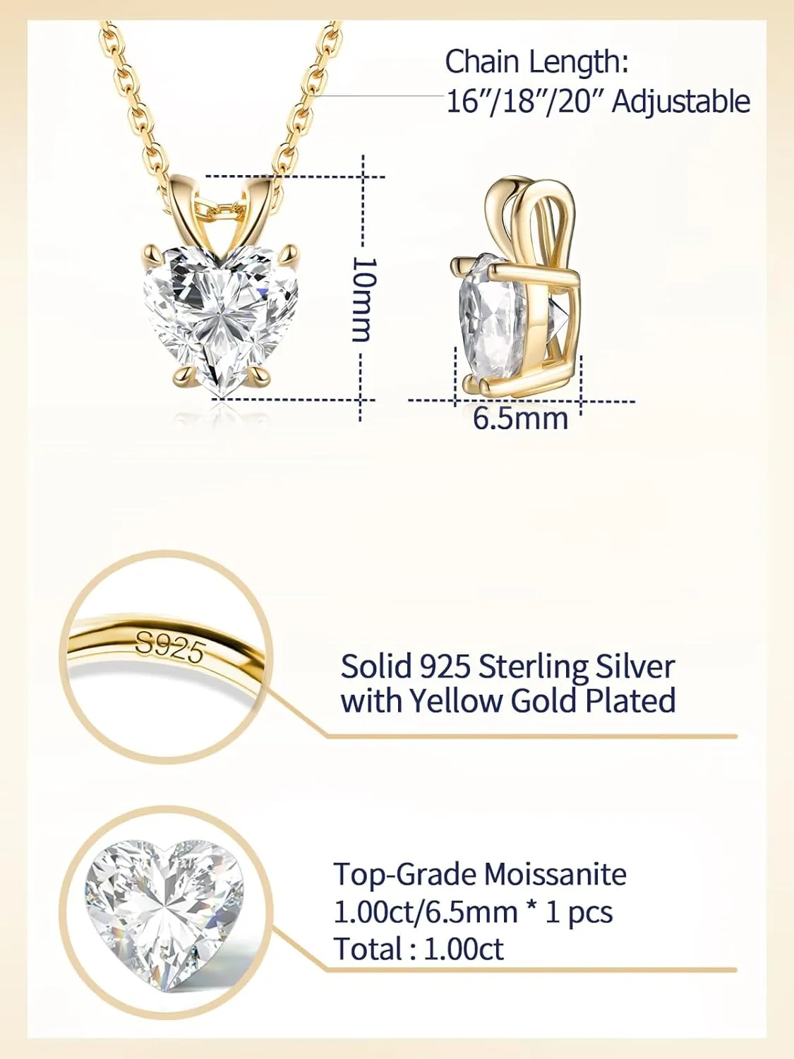 1-2 Carat Moissanite Cute Small Solitaire Necklace for Women, Round Cut/Heart Cut, Solid 925 Sterling Silver, 16"/18"/20" Adjustable Chain, Anniversary Mother's Day Valentines Gift