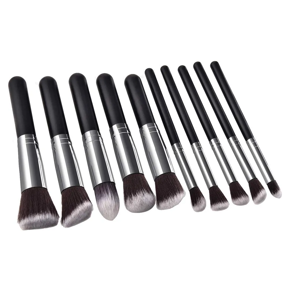 10 pcs Makeup Brush Set Foundation Loose Powder Eyeshadow Face Blending Cosmetic Brush Set (black silver)
