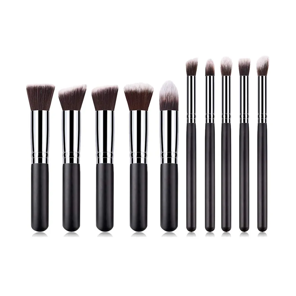 10 pcs Makeup Brush Set Foundation Loose Powder Eyeshadow Face Blending Cosmetic Brush Set (black silver)