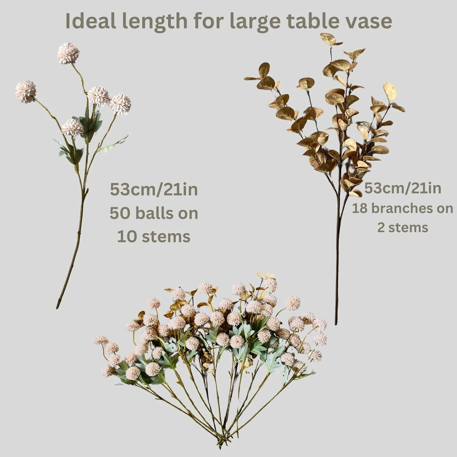 10 Stems Beige Flowers Artificial   Eucalyptus, Fake Mums Long Stem Faux Flowers For Vase, Tan Nude Cream Neutral Floral, Pom Pom Chrysanthemum Floral Arrangements, Silk Mini Faux Kiku Flower bulk