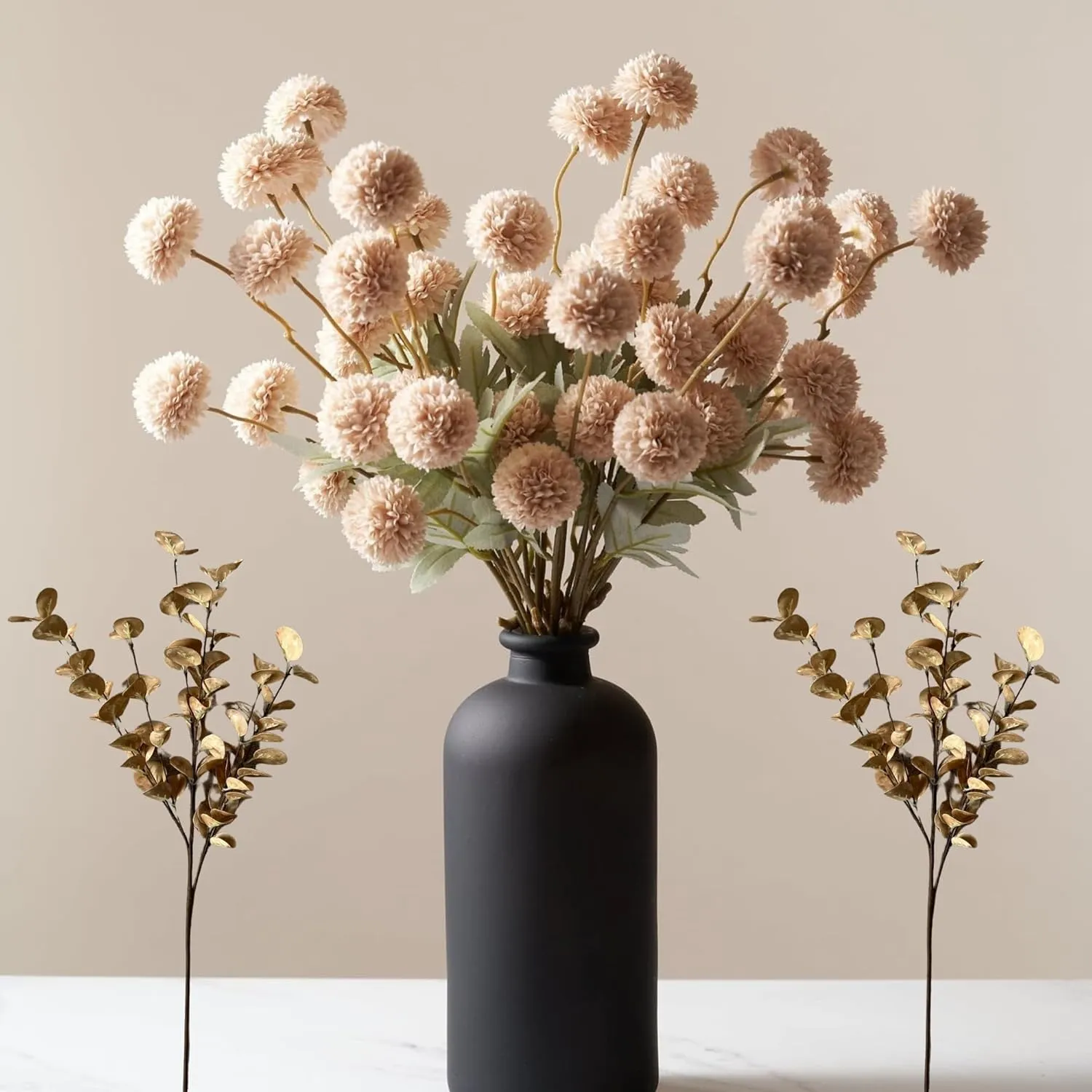10 Stems Beige Flowers Artificial   Eucalyptus, Fake Mums Long Stem Faux Flowers For Vase, Tan Nude Cream Neutral Floral, Pom Pom Chrysanthemum Floral Arrangements, Silk Mini Faux Kiku Flower bulk