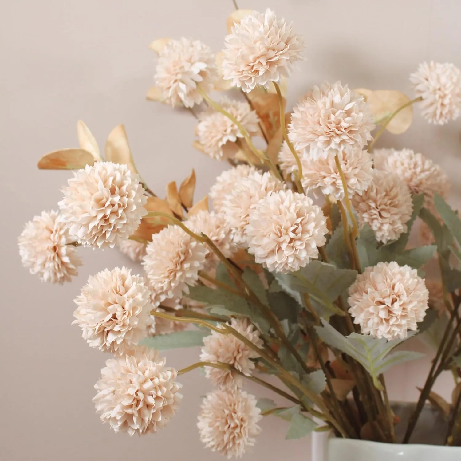 10 Stems Beige Flowers Artificial   Eucalyptus, Fake Mums Long Stem Faux Flowers For Vase, Tan Nude Cream Neutral Floral, Pom Pom Chrysanthemum Floral Arrangements, Silk Mini Faux Kiku Flower bulk
