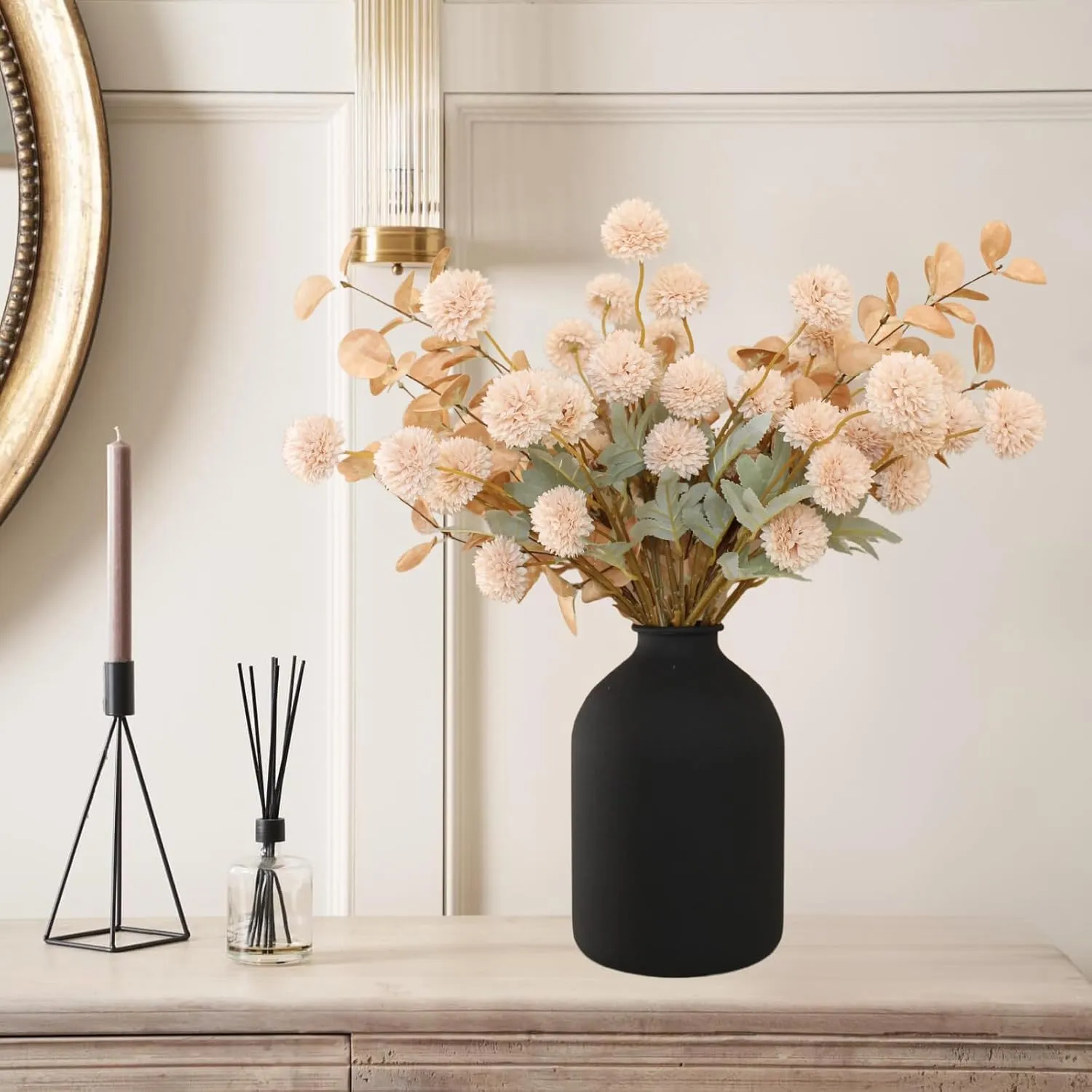 10 Stems Beige Flowers Artificial   Eucalyptus, Fake Mums Long Stem Faux Flowers For Vase, Tan Nude Cream Neutral Floral, Pom Pom Chrysanthemum Floral Arrangements, Silk Mini Faux Kiku Flower bulk