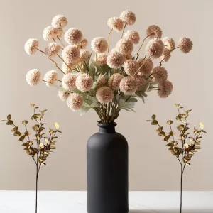 10 Stems Beige Flowers Artificial   Eucalyptus, Fake Mums Long Stem Faux Flowers For Vase, Tan Nude Cream Neutral Floral, Pom Pom Chrysanthemum Floral Arrangements, Silk Mini Faux Kiku Flower bulk