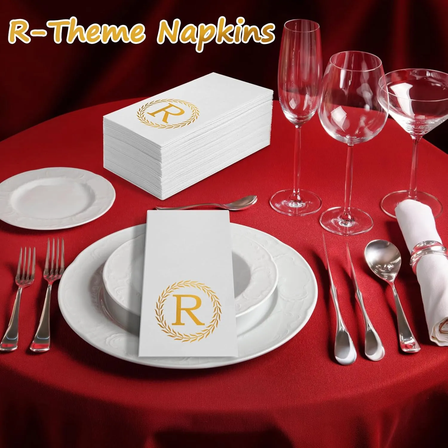 100 Gold Monogram Disposable Napkins - Letter R Hand Towles Decorative, Dinner Napkins for Guest, Monogrammed Hand Towels for Bathroom Wedding Birthday Party Baby Shower