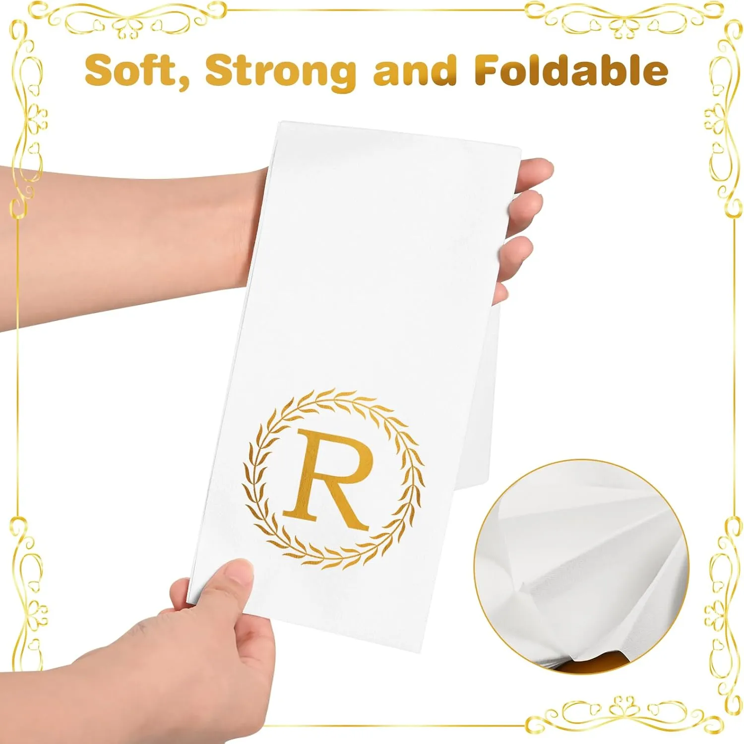 100 Gold Monogram Disposable Napkins - Letter R Hand Towles Decorative, Dinner Napkins for Guest, Monogrammed Hand Towels for Bathroom Wedding Birthday Party Baby Shower