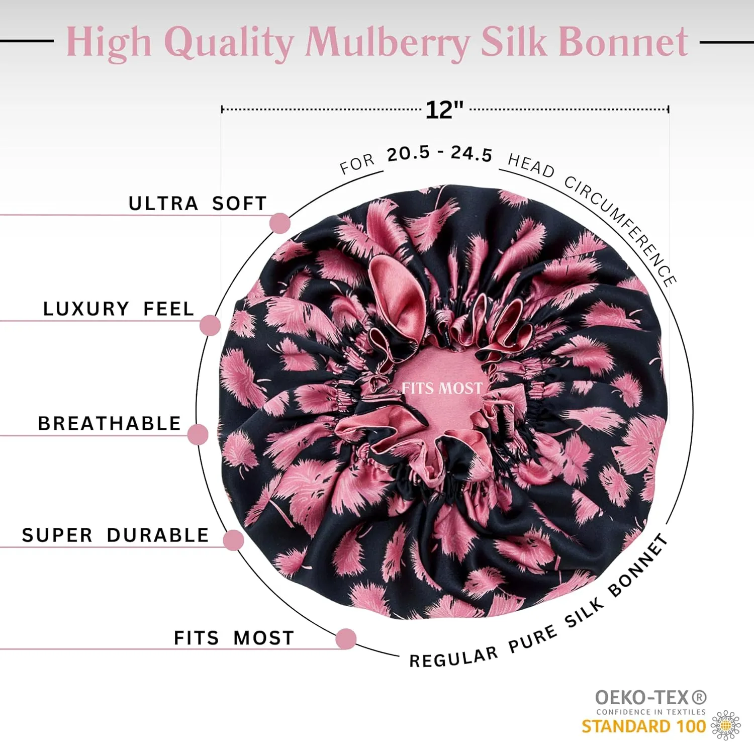 100% Mulberry Silk Bonnet for Sleeping Women - Handmade in USA 19 Momme Double Layer Reversible Silk Hair Wrap, Non-Slip Bonnet for Curly & Natural Hair, Luxury Hair Protection While Sleeping (Vintage Pink Print)