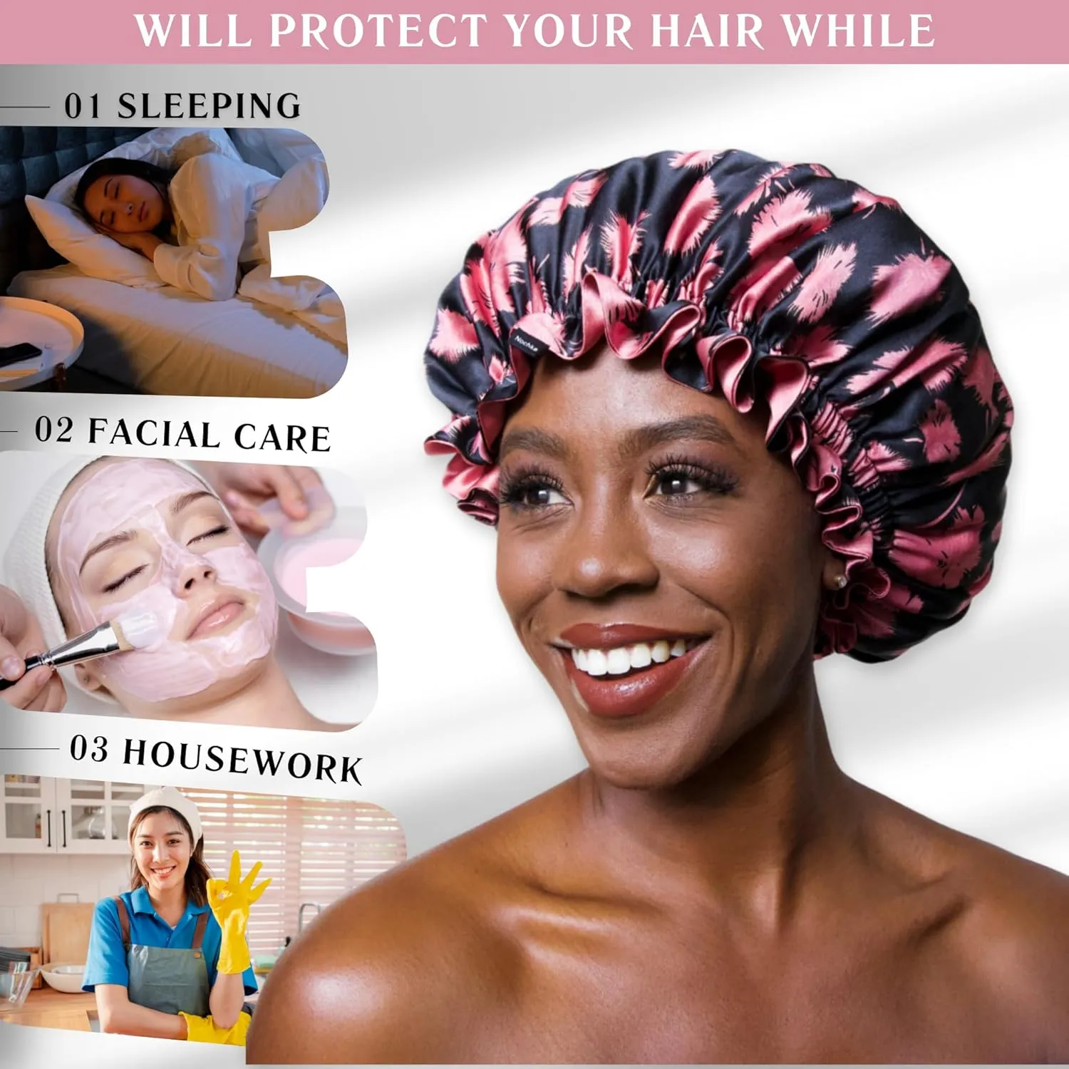 100% Mulberry Silk Bonnet for Sleeping Women - Handmade in USA 19 Momme Double Layer Reversible Silk Hair Wrap, Non-Slip Bonnet for Curly & Natural Hair, Luxury Hair Protection While Sleeping (Vintage Pink Print)