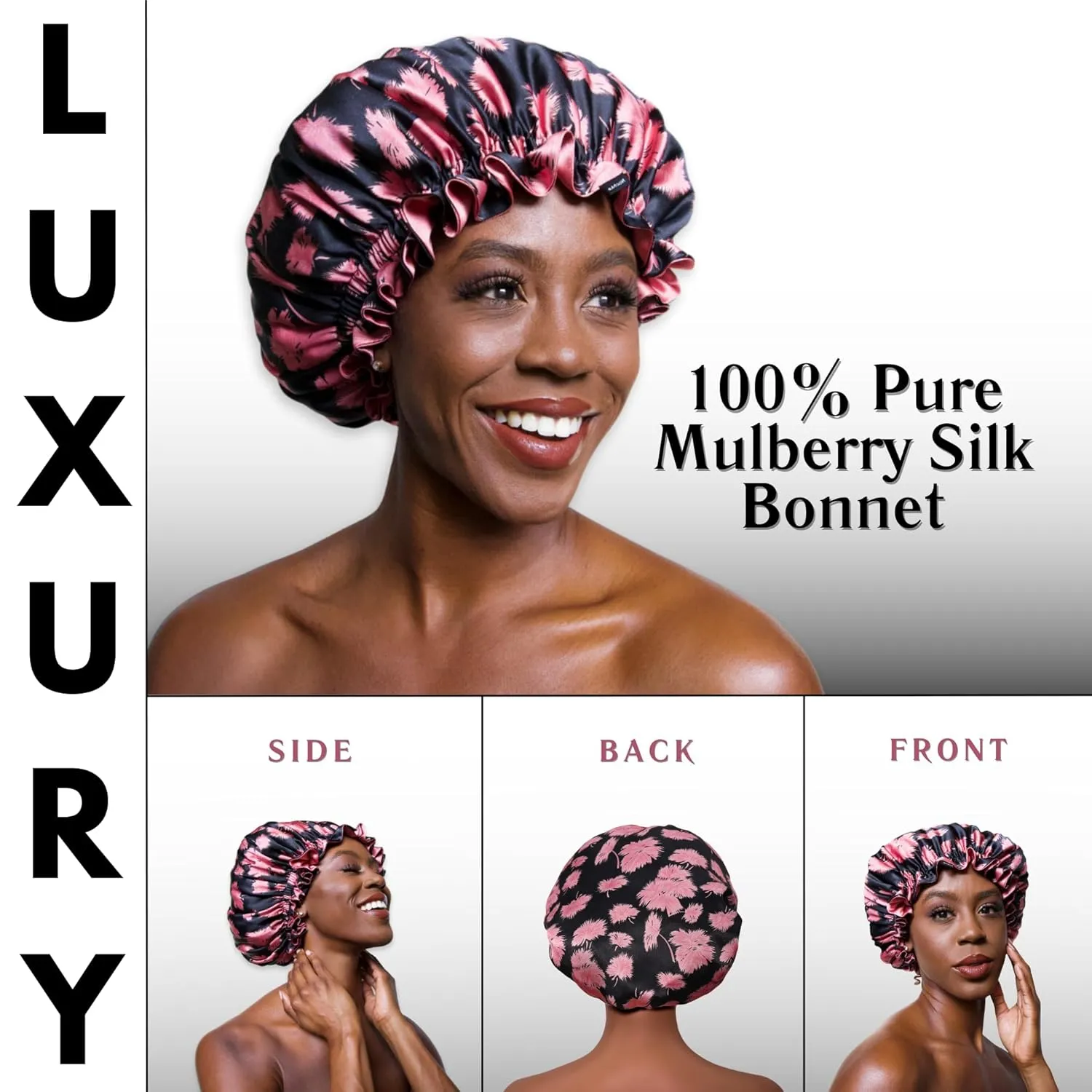 100% Mulberry Silk Bonnet for Sleeping Women - Handmade in USA 19 Momme Double Layer Reversible Silk Hair Wrap, Non-Slip Bonnet for Curly & Natural Hair, Luxury Hair Protection While Sleeping (Vintage Pink Print)