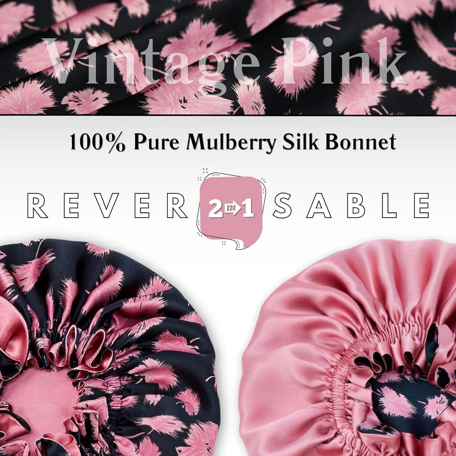 100% Mulberry Silk Bonnet for Sleeping Women - Handmade in USA 19 Momme Double Layer Reversible Silk Hair Wrap, Non-Slip Bonnet for Curly & Natural Hair, Luxury Hair Protection While Sleeping (Vintage Pink Print)