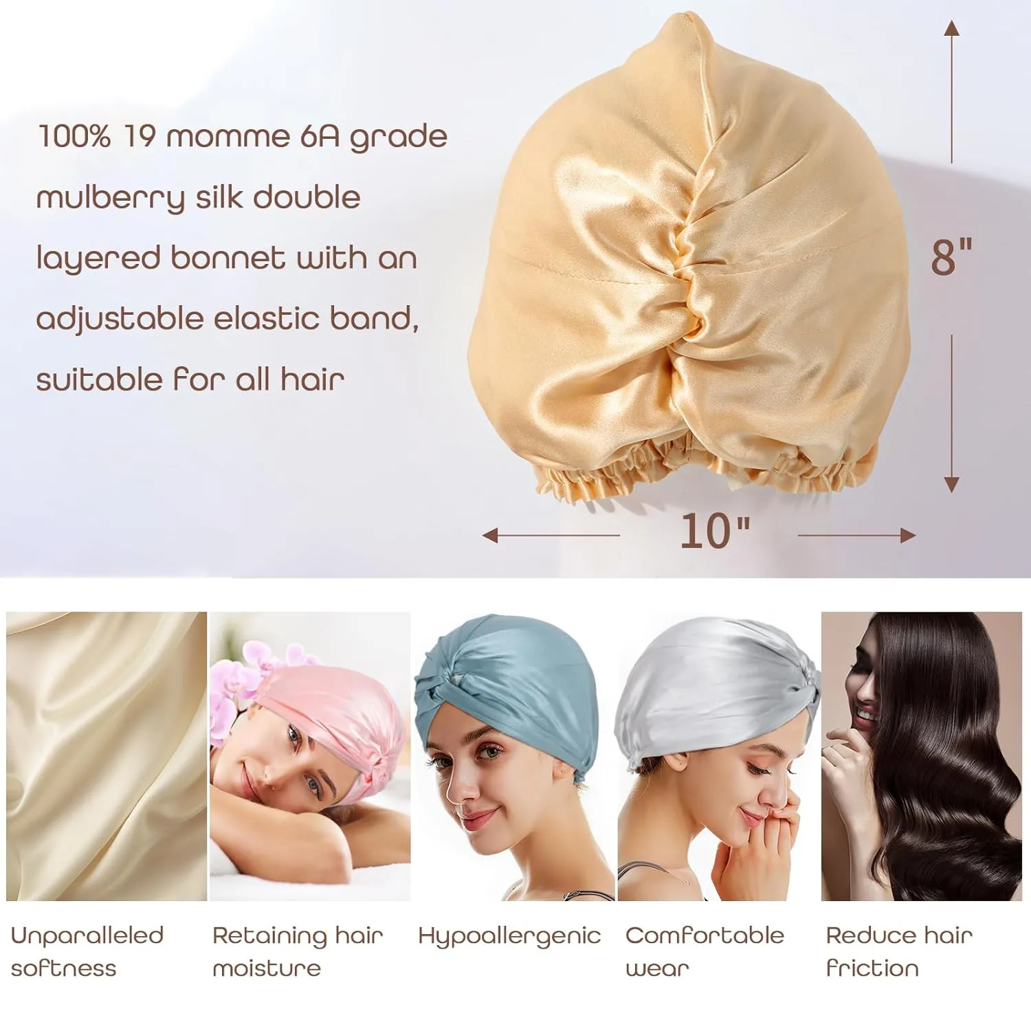 100% Mulberry Silk Bonnet Sleep Cap, Double Layer Silk Turban/Bonnet, Shower Cap, Adjustable Fit for Night Hair Care, 8 Colors (Light Pink)