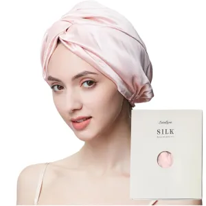 100% Mulberry Silk Bonnet Sleep Cap, Double Layer Silk Turban/Bonnet, Shower Cap, Adjustable Fit for Night Hair Care, 8 Colors (Light Pink)