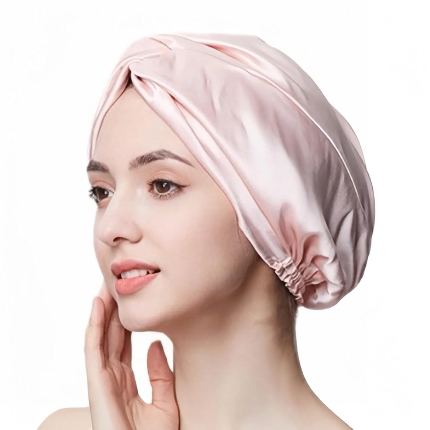 100% Mulberry Silk Bonnet Sleep Cap, Double Layer Silk Turban/Bonnet, Shower Cap, Adjustable Fit for Night Hair Care, 8 Colors (Light Pink)