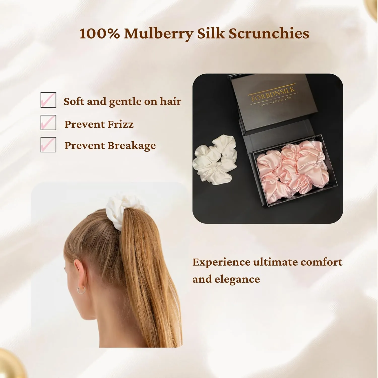 100% Pure 22 Momme Mulberry Silk Scrunchies (Set of 3) | Highest grade (6A) Luxury Hair Ties| (Black,White,Pink) | (Black, Large/Medium/Small)