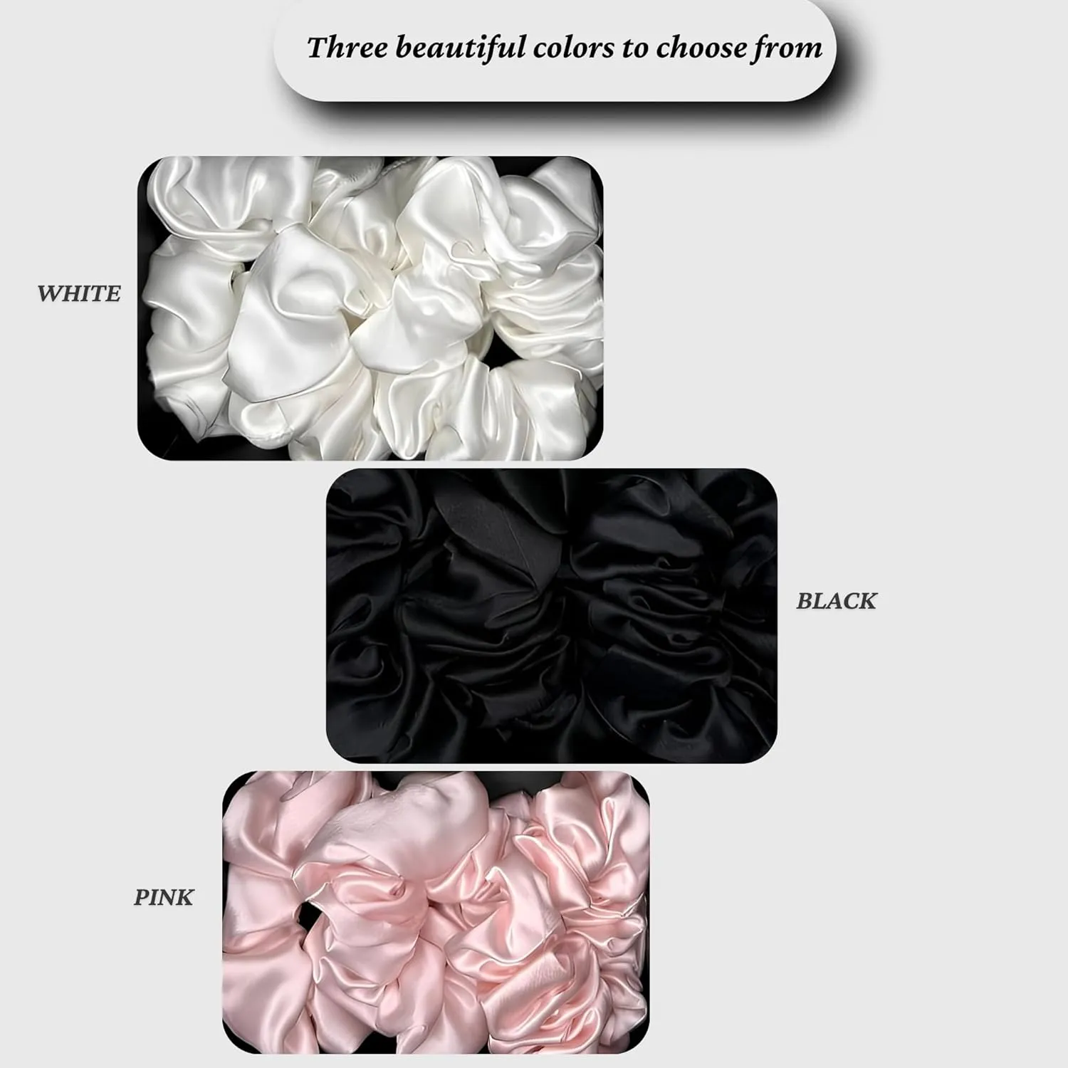 100% Pure 22 Momme Mulberry Silk Scrunchies (Set of 3) | Highest grade (6A) Luxury Hair Ties| (Black,White,Pink) | (Black, Large/Medium/Small)