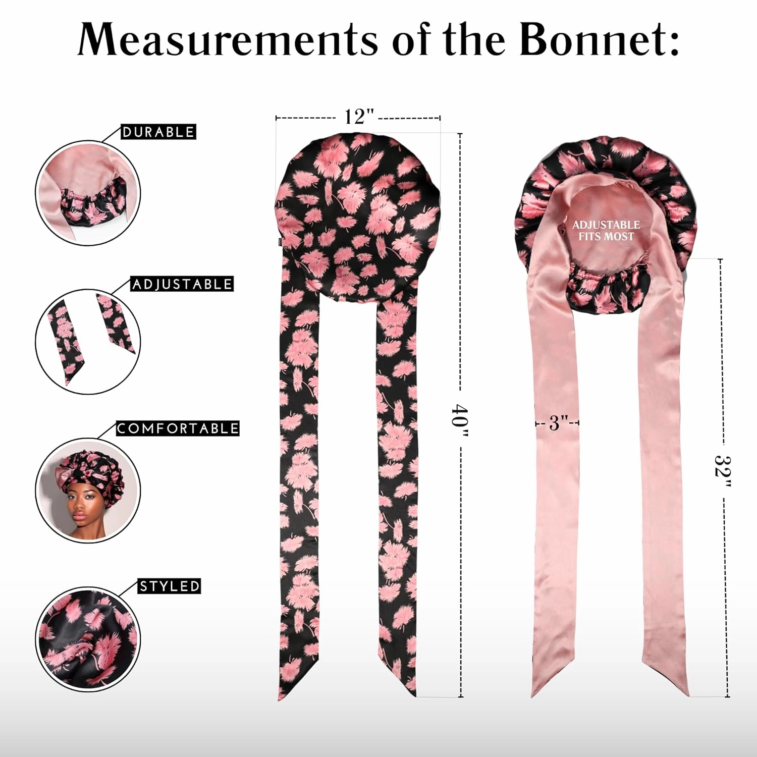 100% Mulberry Silk Bonnet for Sleeping with Ties – Adjustable 19 Momme Double-Layer Reversible Hair Wrap – Stay-On Sleep Bonnet for Women, Long Curly Hair, Natural Hair Care, Real Silk Night Cap – Handmade in USA (Vintage Pink)