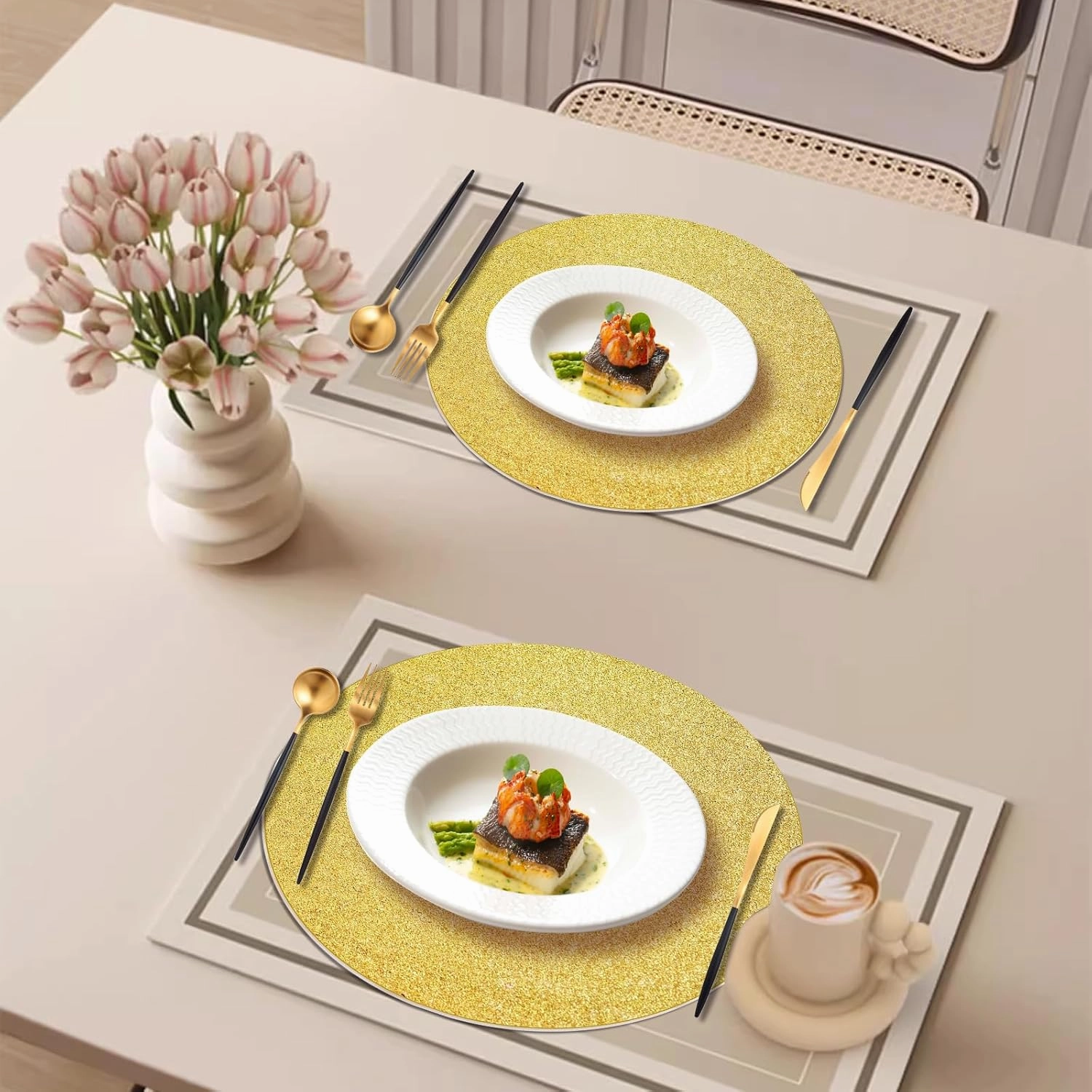 100 PCS Gold Placemats Disposable, Round Sparkle Table Place Mats, 13.5" Inch Shiny Golden Place Mats, for Birthday Wedding Holiday Party Home Dining Tableware