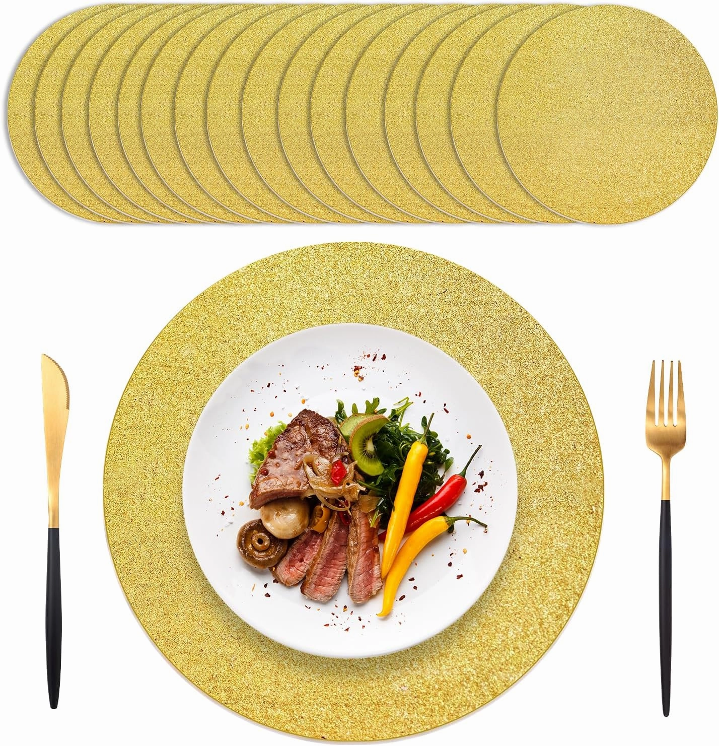 100 PCS Gold Placemats Disposable, Round Sparkle Table Place Mats, 13.5" Inch Shiny Golden Place Mats, for Birthday Wedding Holiday Party Home Dining Tableware