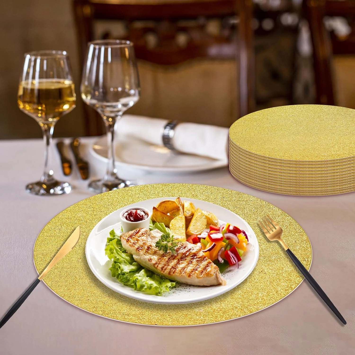 100 PCS Gold Placemats Disposable, Round Sparkle Table Place Mats, 13.5" Inch Shiny Golden Place Mats, for Birthday Wedding Holiday Party Home Dining Tableware