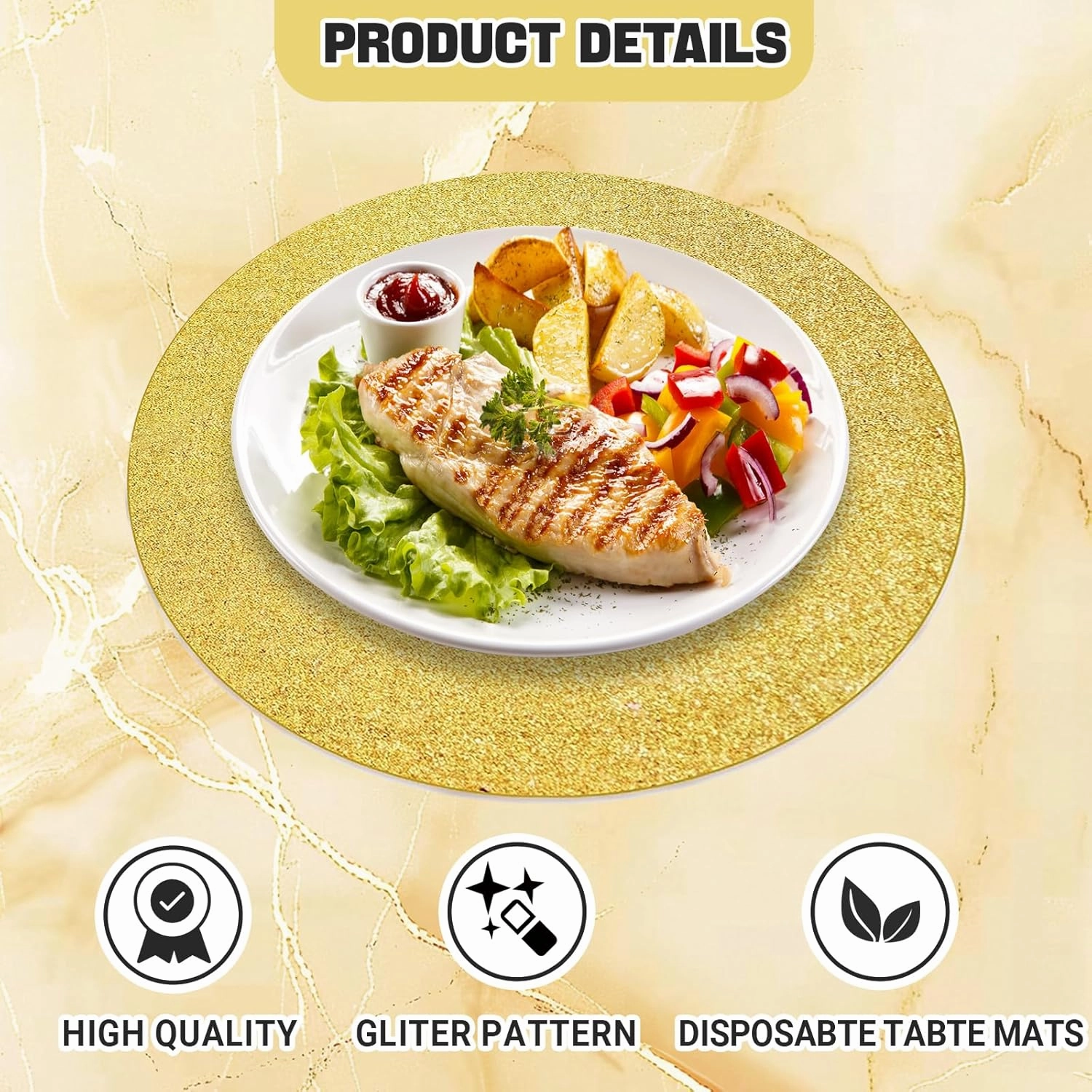 100 PCS Gold Placemats Disposable, Round Sparkle Table Place Mats, 13.5" Inch Shiny Golden Place Mats, for Birthday Wedding Holiday Party Home Dining Tableware