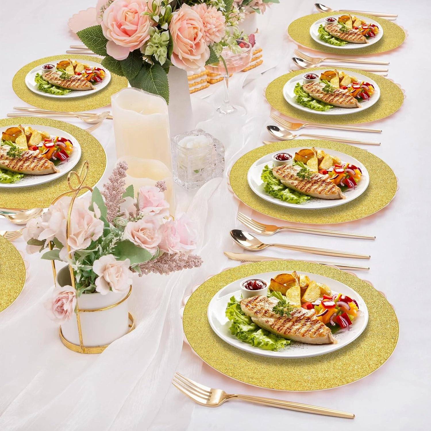 100 PCS Gold Placemats Disposable, Round Sparkle Table Place Mats, 13.5" Inch Shiny Golden Place Mats, for Birthday Wedding Holiday Party Home Dining Tableware