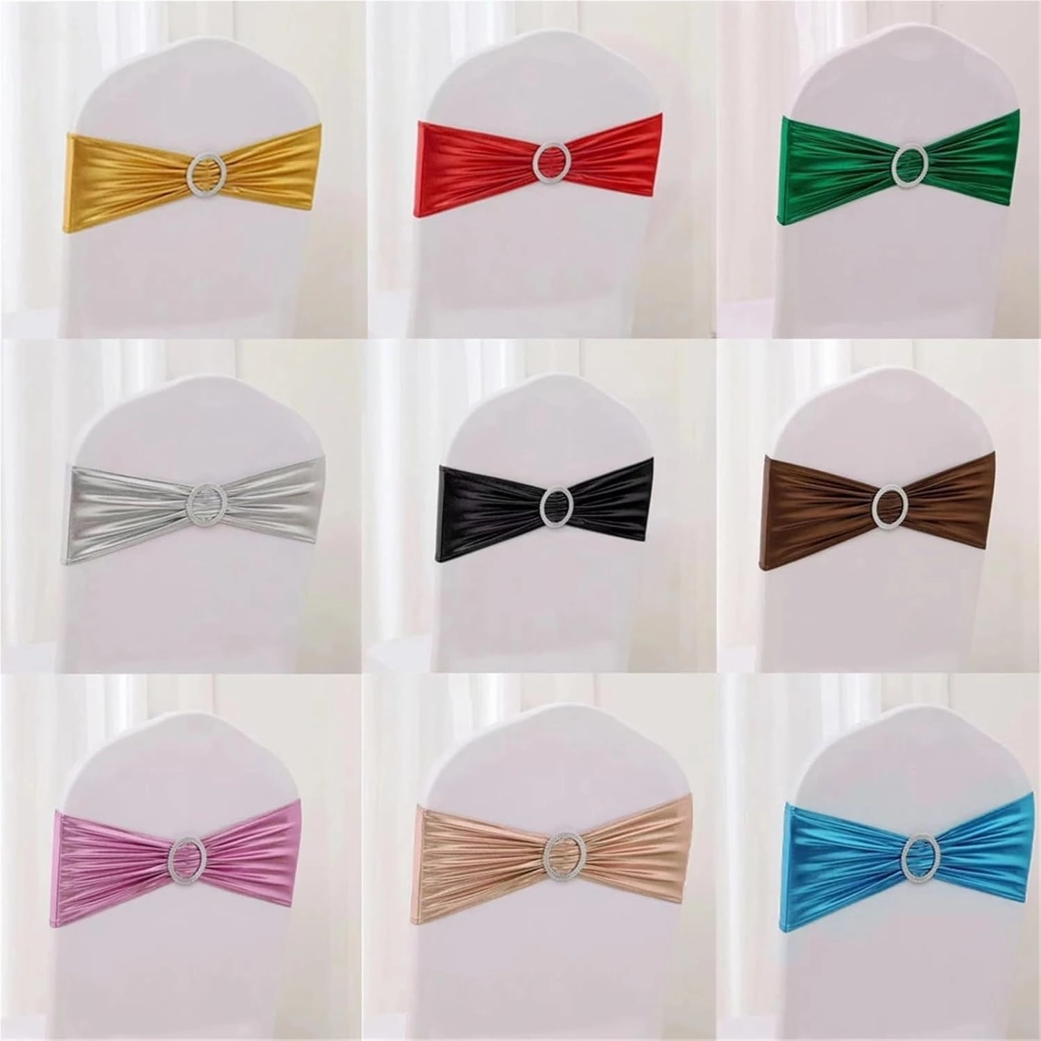 10/50/100pc Wedding Chair Decoration Chair Sashes Bow Shiny Metallic Chair Knot Bands Tie with Round Buckle for Party Banquet Satin Chair Sashes(Silver,100pcs)
