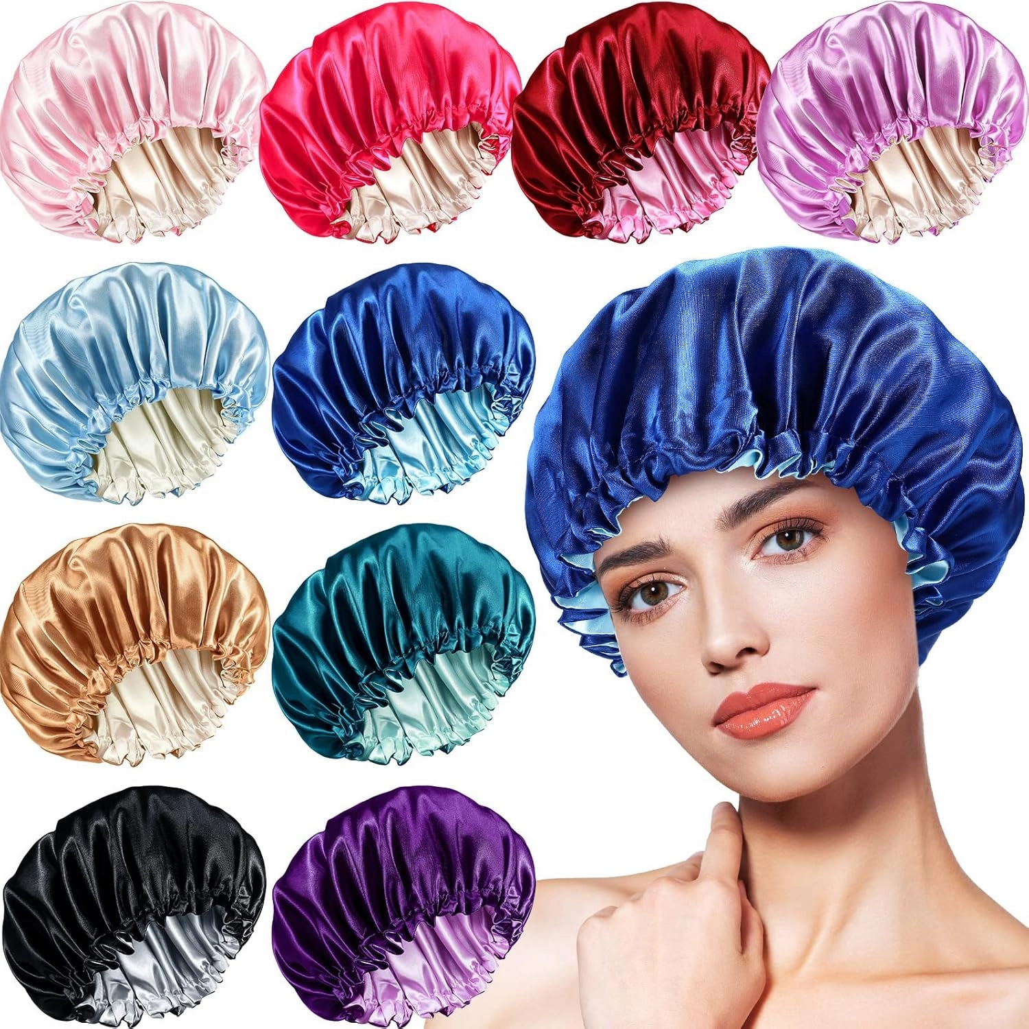 10 Pcs Satin Silk Bonnet for Sleeping Hair Bonnets for Women Curly Natural Hair Double Layer Reversible Adjustable Large Sleeping Caps with Drawstring for Protection, 10 Colors