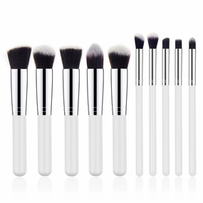 10-Piece Premium Makeup Brush Set White Silver