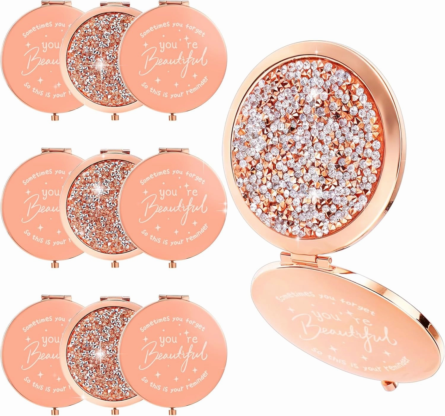 10Pcs Inspirational Compact Mirror, 1x/2x Magnifying Double Sided Pocket Mirror 2.75 Inch Metal Rhinestone Compact Mirror, Inspirational Appreciation Gifts for Valentines Day Women Nurse Friends