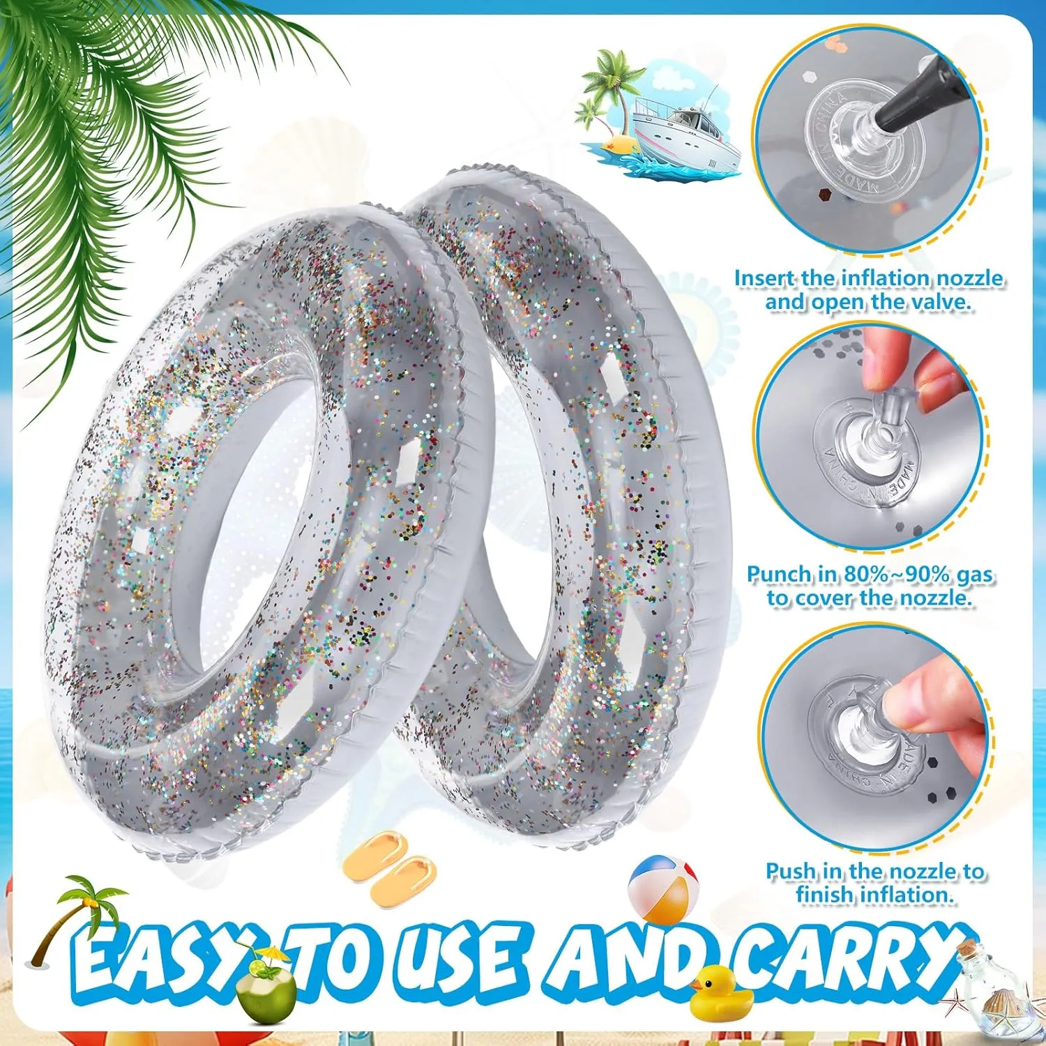 12 Pcs Summer Swim Rings with Glitter Fun Inflatable Pool Float Round Shaped Swimming Pool Tubes for Beach Party Supplies