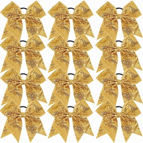 12 Count Cheerleading Hair Bows, 12 Pieces Gold Jumbo 8 Inch Hair Ties with Elastic Ponytail Holder Bow Hair Accessories for School Girls Toddlers