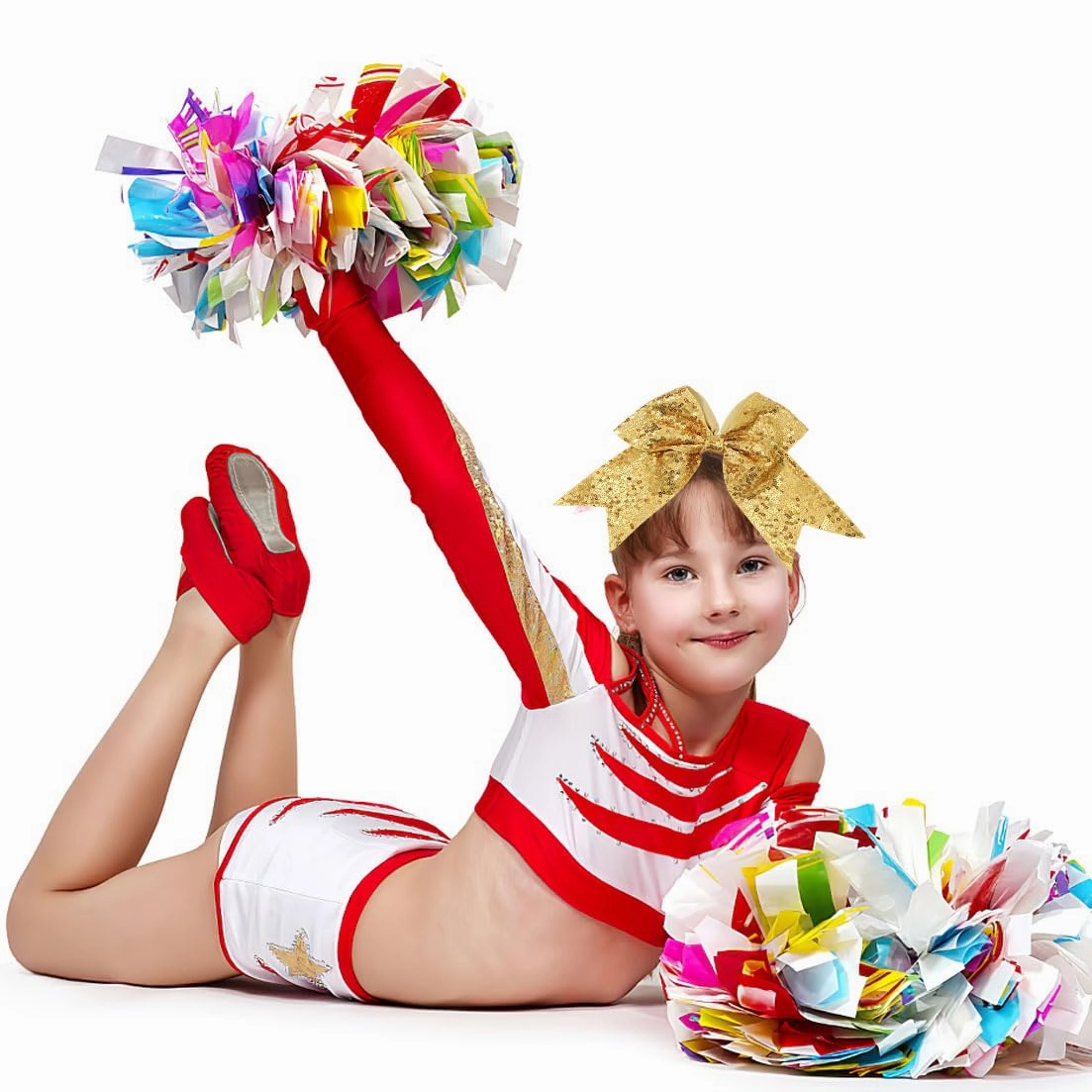 12 Count Cheerleading Hair Bows, 12 Pieces Gold Jumbo 8 Inch Hair Ties with Elastic Ponytail Holder Bow Hair Accessories for School Girls Toddlers