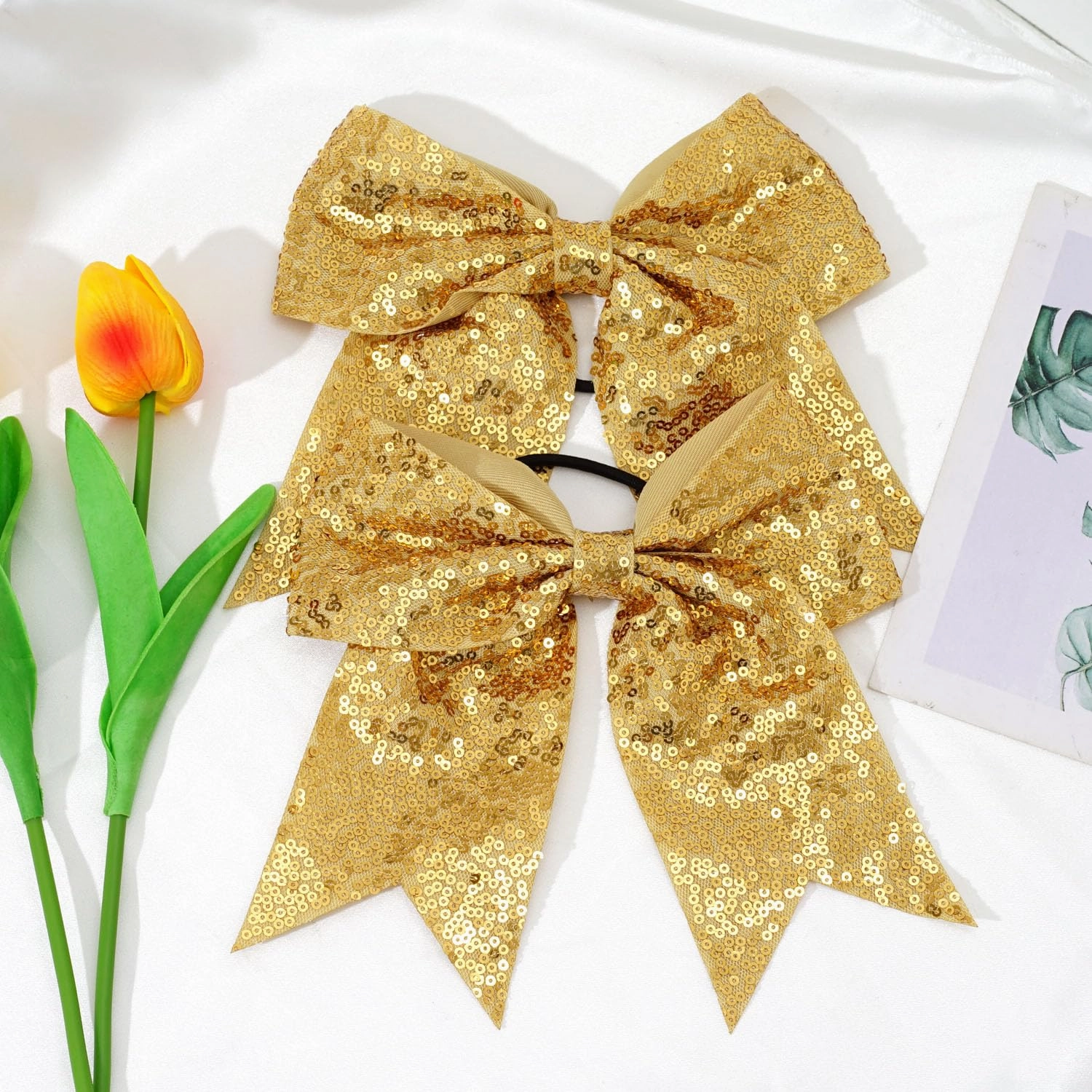 12 Count Cheerleading Hair Bows, 12 Pieces Gold Jumbo 8 Inch Hair Ties with Elastic Ponytail Holder Bow Hair Accessories for School Girls Toddlers