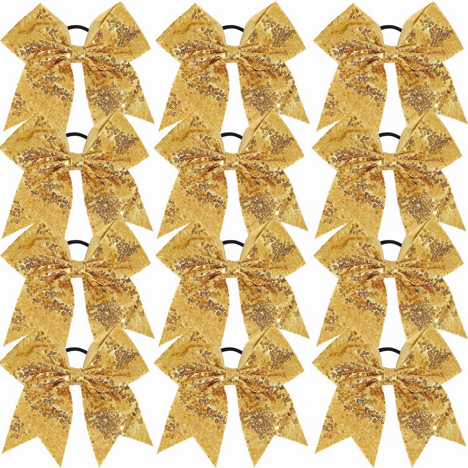 12 Count Cheerleading Hair Bows, 12 Pieces Gold Jumbo 8 Inch Hair Ties with Elastic Ponytail Holder Bow Hair Accessories for School Girls Toddlers