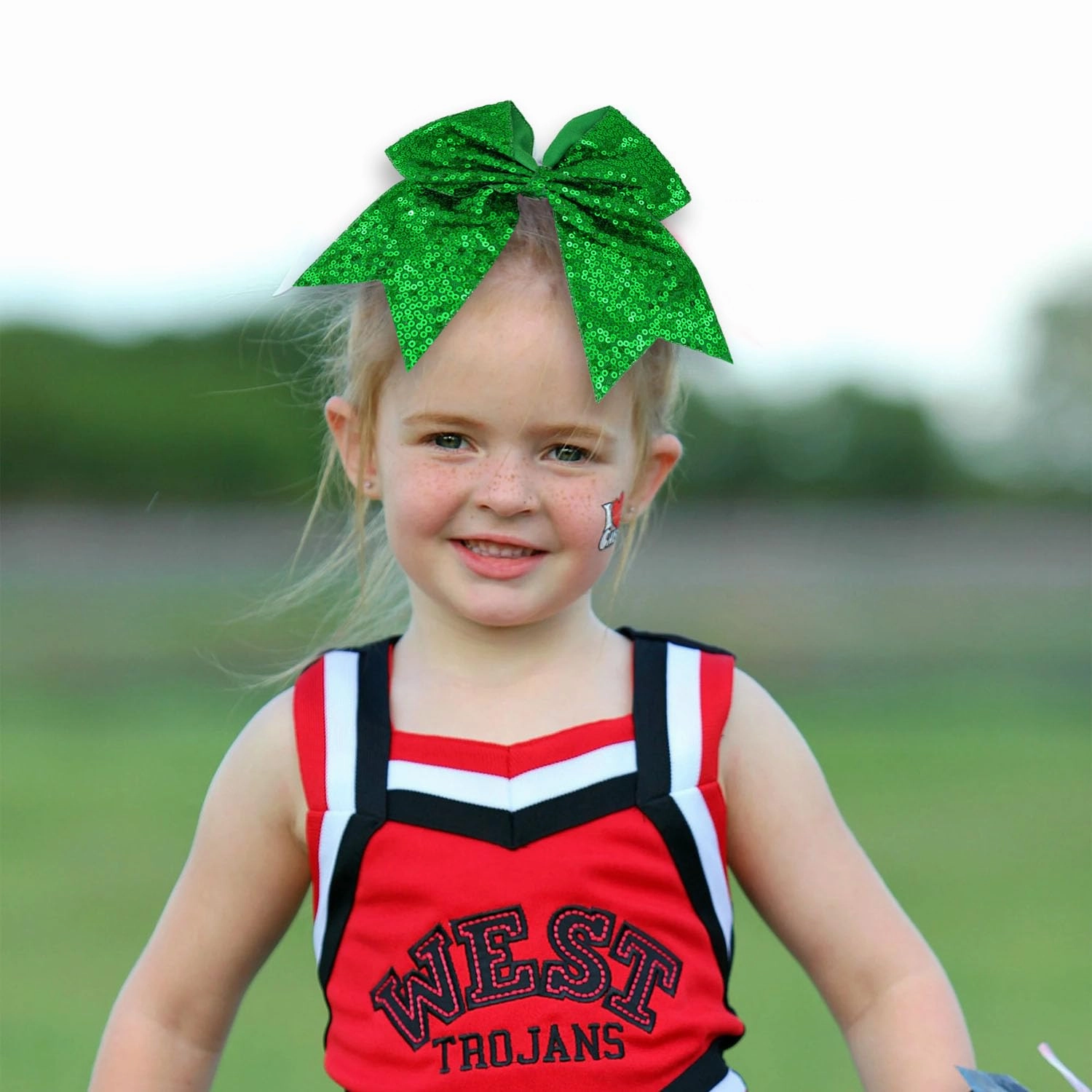 12 Pcs Large Glitter Cheer Bows (Green) - 8" Big Hair Bows for Sports Cheerleaders Accessories, Girls, Teens Women, 12 Count