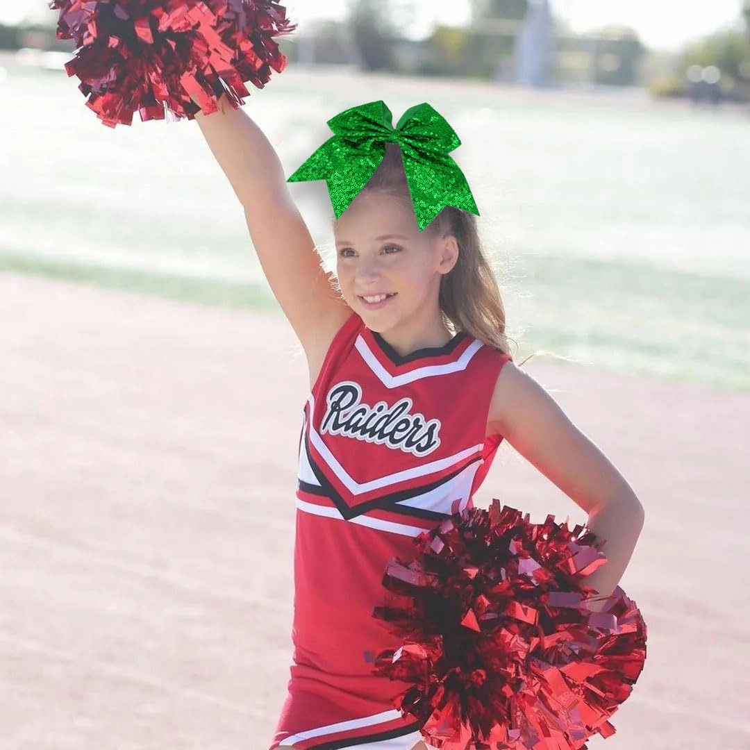 12 Pcs Large Glitter Cheer Bows (Green) - 8" Big Hair Bows for Sports Cheerleaders Accessories, Girls, Teens Women, 12 Count