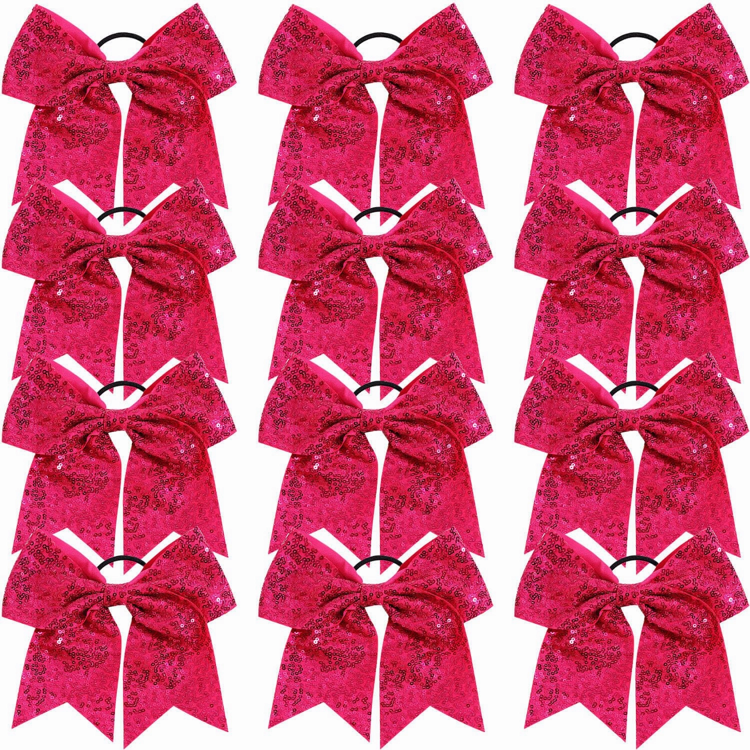 12 Pcs Large Glitter Cheer Bows Ponytail Holder Girls Elastic Hair Ties 8" Big Hair Bows Sports Cheerleaders Accessories for Teens Women Cheerleader Girls (Dark Rose)