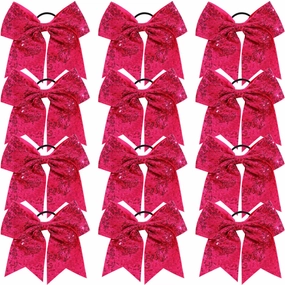 12 Pcs Large Glitter Cheer Bows Ponytail Holder Girls Elastic Hair Ties 8" Big Hair Bows Sports Cheerleaders Accessories for Teens Women Cheerleader Girls (Dark Rose)
