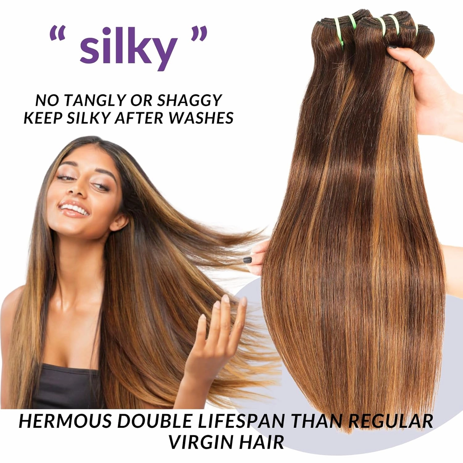 12A Double Drawn Honey Blonde Ombre Highlight Straight 3 Bundles Human Hair With 4x4 Hd Lace Closure Free Part, Shed Free And Soft Thick Raw Virgin Bundles With Closure Colored 14 16 18 14