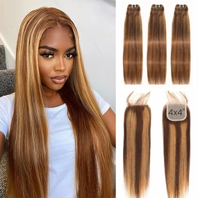12A Double Drawn Honey Blonde Ombre Highlight Straight 3 Bundles Human Hair With 4x4 Hd Lace Closure Free Part, Shed Free And Soft Thick Raw Virgin Bundles With Closure Colored 14 16 18 14