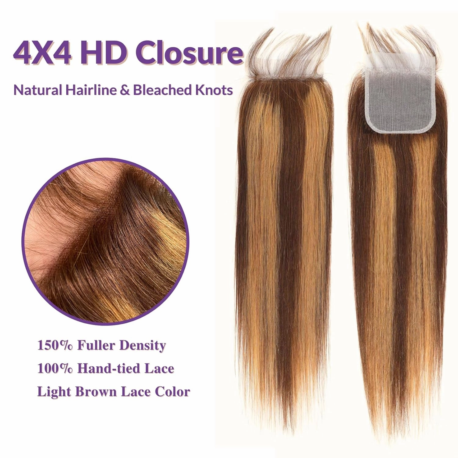 12A Double Drawn Honey Blonde Ombre Highlight Straight 3 Bundles Human Hair With 4x4 Hd Lace Closure Free Part, Shed Free And Soft Thick Raw Virgin Bundles With Closure Colored 14 16 18 14
