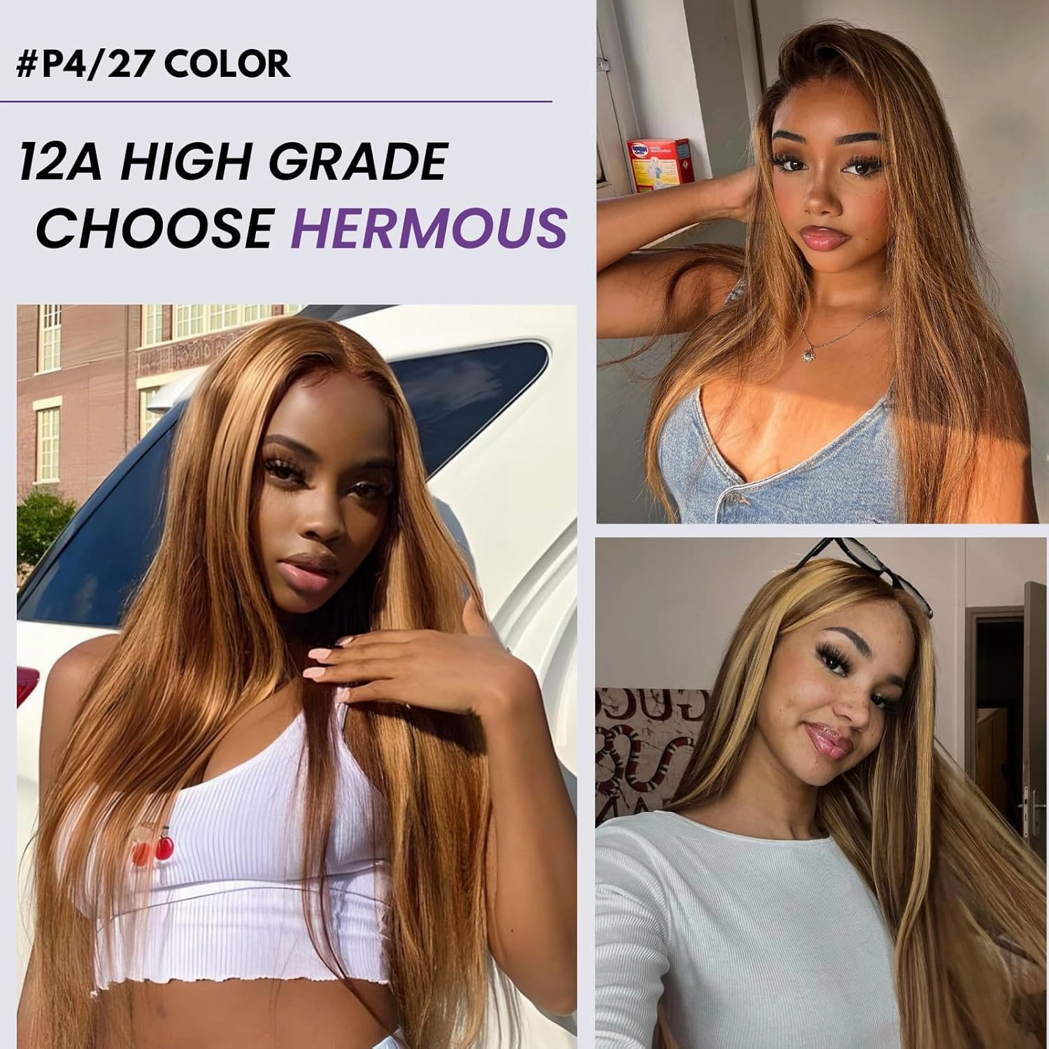 12A Double Drawn Honey Blonde Ombre Highlight Straight 3 Bundles Human Hair With 4x4 Hd Lace Closure Free Part, Shed Free And Soft Thick Raw Virgin Bundles With Closure Colored 14 16 18 14