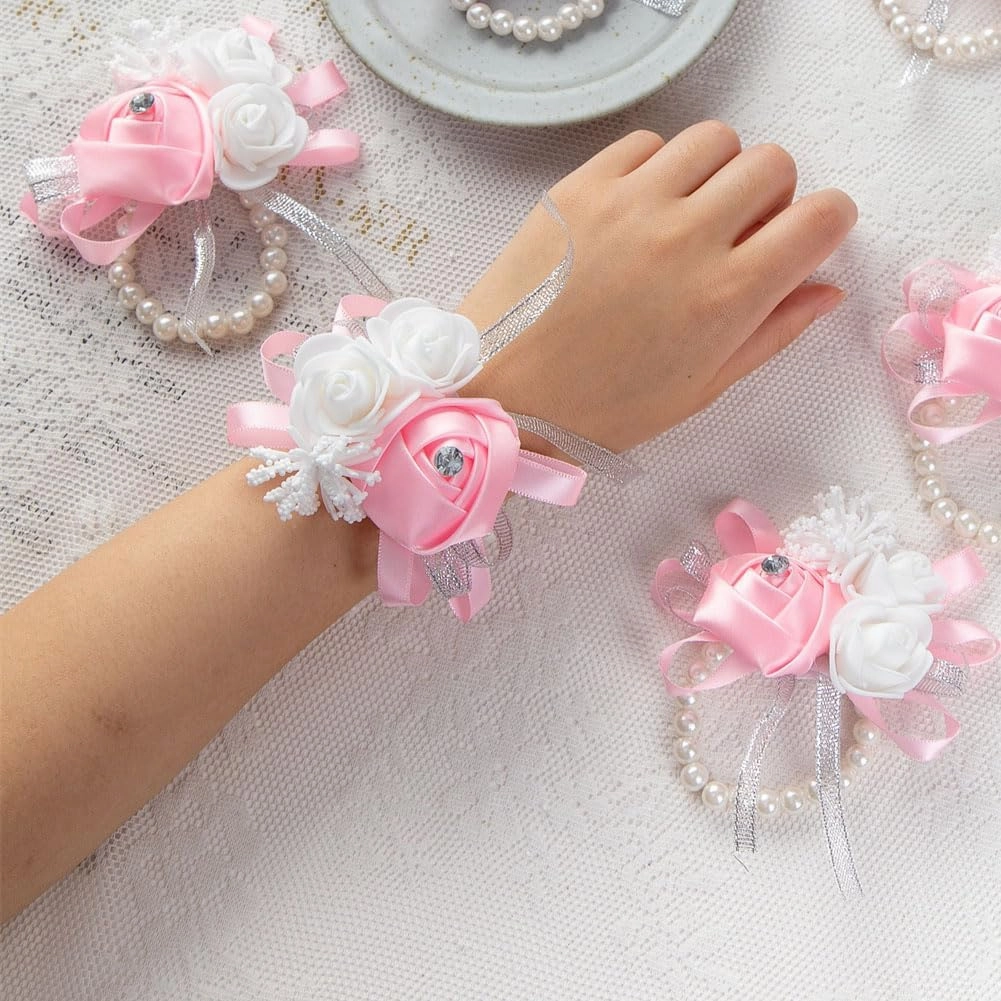 12Pcs/lot Women Bride Bridal Bridesmaid Wrist Corsage Silk Rose Pearls Girls Wedding Hand Flowers Party Decoration (Pink)