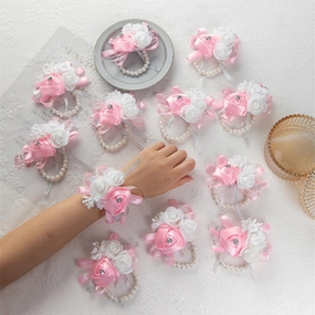 12Pcs/lot Women Bride Bridal Bridesmaid Wrist Corsage Silk Rose Pearls Girls Wedding Hand Flowers Party Decoration (Pink)