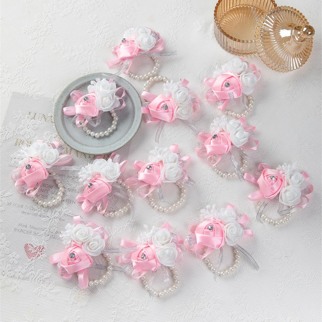 12Pcs/lot Women Bride Bridal Bridesmaid Wrist Corsage Silk Rose Pearls Girls Wedding Hand Flowers Party Decoration (Pink)