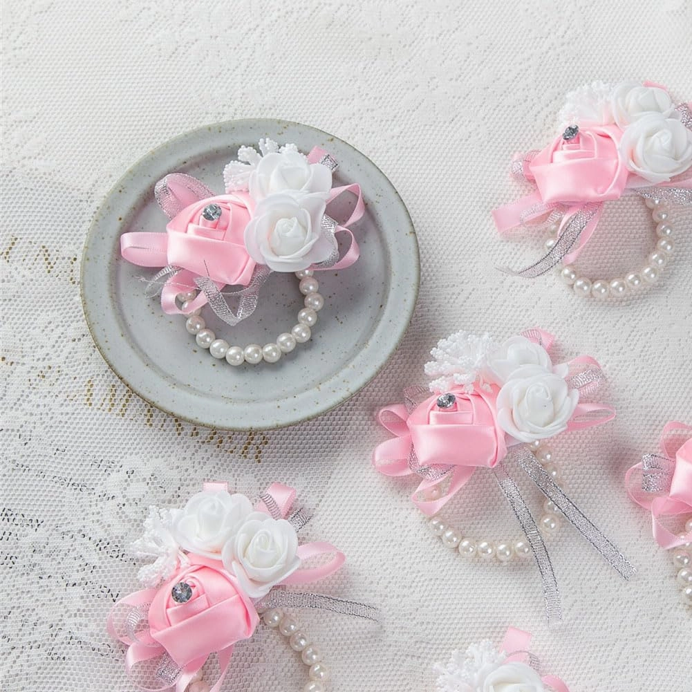 12Pcs/lot Women Bride Bridal Bridesmaid Wrist Corsage Silk Rose Pearls Girls Wedding Hand Flowers Party Decoration (Pink)