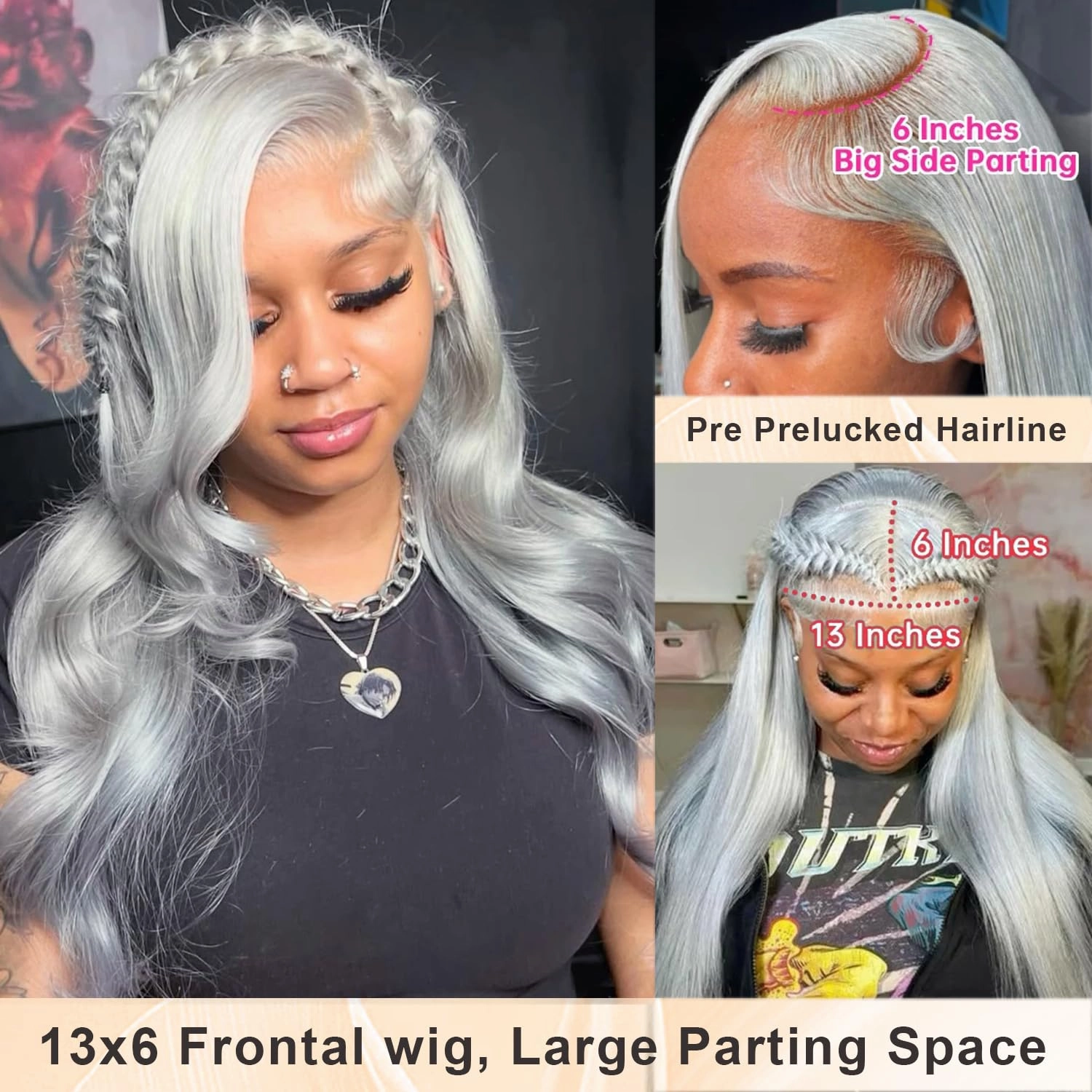 13x6 Grey Lace Front Wigs Human Hair 180% Density Straight 13x6 HD Transparent Lace Frontal Human Hair Wig for Black Women Natural Gray Silver Glueless Wigs Brazilian Virgin Remy Pre Plucked 18 Inch