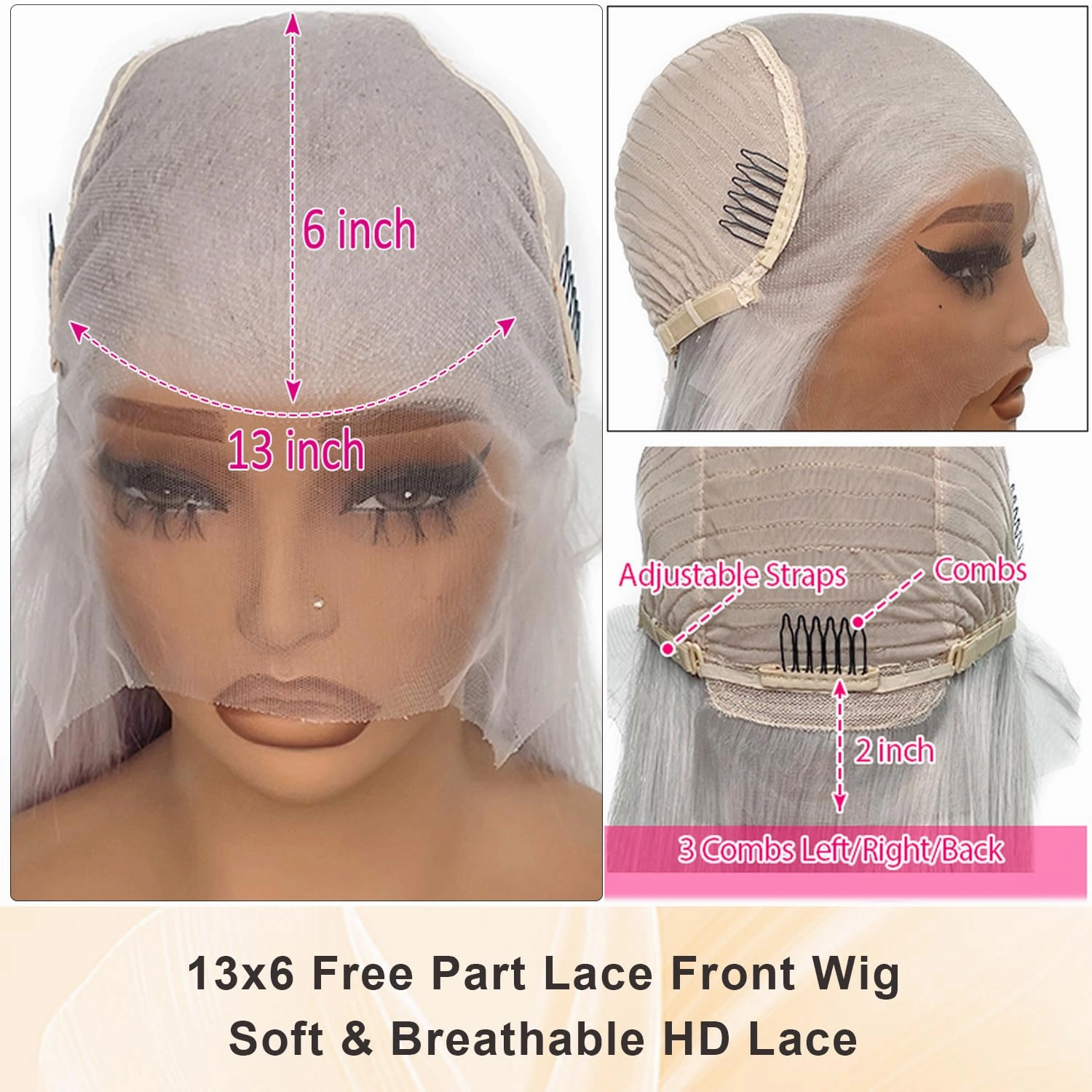 13x6 Grey Lace Front Wigs Human Hair 180% Density Straight 13x6 HD Transparent Lace Frontal Human Hair Wig for Black Women Natural Gray Silver Glueless Wigs Brazilian Virgin Remy Pre Plucked 18 Inch