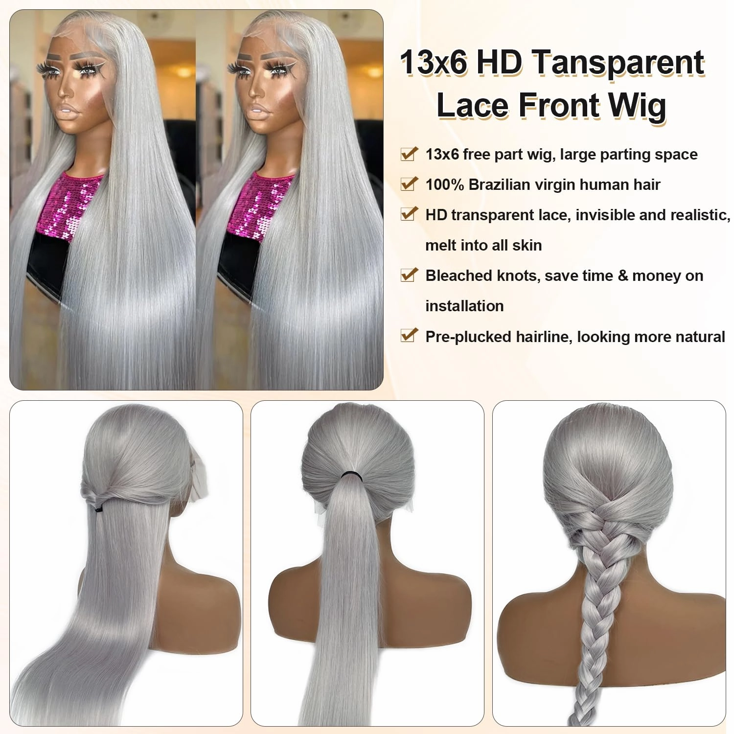 13x6 Grey Lace Front Wigs Human Hair 180% Density Straight 13x6 HD Transparent Lace Frontal Human Hair Wig for Black Women Natural Gray Silver Glueless Wigs Brazilian Virgin Remy Pre Plucked 18 Inch